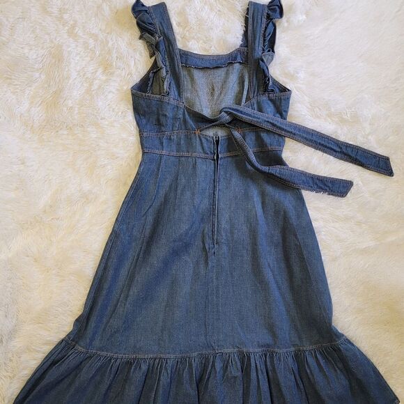 Vintage 60s/70s era Genuine French Vintage Denim Ruffle Dress Size Small - Picture 2 of 12